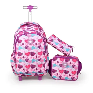 For Girls Factory Custom Waterproof 3PCS Polyester Backpack Set Letter Pattern Lunch Bag Pencil Case Trolley