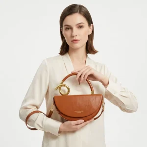 French Style Women Half Moon Handbag Brown PU Leather Shoulder Crossbody Bag