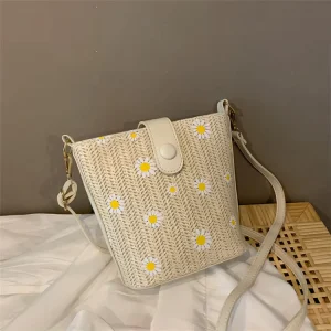 French Textile Women’s Crossbody Shoulder Chain Bucket Bag with Zipper Closure Flowers Pattern