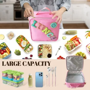 Fresh keeping Nylon Fabric Square Style Zipper Lunch Bag Embroidered Letters Thermal Insulation Instant Cooling for