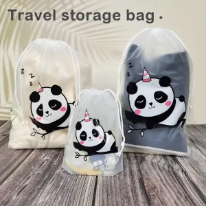 Frosted Drawstring Bags with Panda Design Waterproof Daily Use Toiletry Organizer for Cosmetics & Toiletries