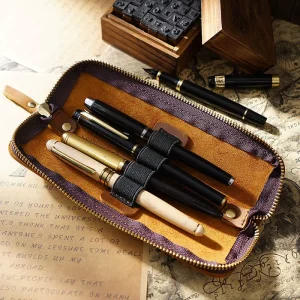 Full Grain Genuine Leather Ruler Ball-Point Pen Case Holder Crazy Horse Leather School Pencil Zipper Stationery Bag