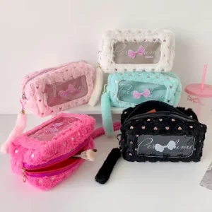 Furball Plush Pencil Case Bow Shaped Decoration Zipper Closure School Bag for Students Hand Held Cosmetic Toiletry Bag