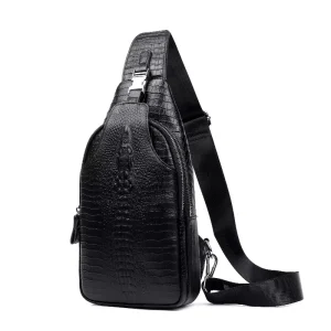 Genuine Cowhide Leather Crocodile Pattern Waist Bag For Men Fashionable Zipper Closure Crossbody Shoulder Top Layer Casual Style