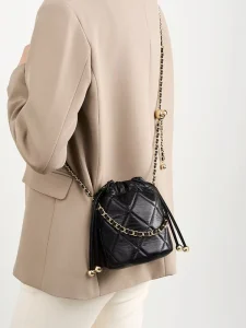 Genuine Cowhide Leather Mini Bucket Bag Women Vintage Lattice Quilted Shoulder Bag Portable String Handbag for Boutique Party