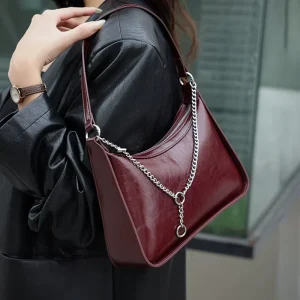 Genuine Leather Women’s Retro Light Luxury Zipper Closure Single Strap Chain Commute Shoulder Crossbody Bag