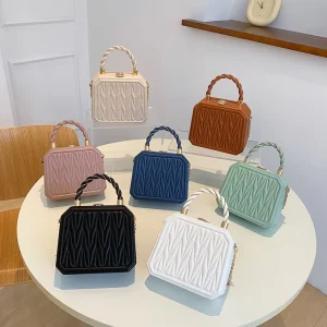Geometric Women Handbags Quilted PU Leather Pleated Mini Top Handle Shoulder Crossbody Bag for Ladies