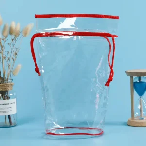 Gifts Packaging Transparent PVC Plastic Drawstring Bag with Red Piping and String