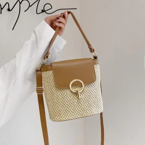 Girls Crossbody Woven Straw Bag Two Shoulder Straps Women’s Handbag Rattan Bucket Bag Lock Closure Bag