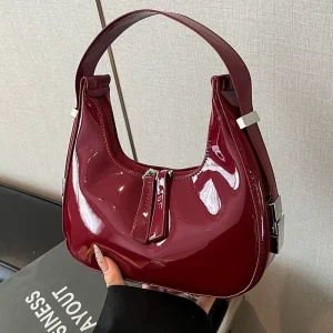Glossy PU Leather Retro Vintage Bucket Bag Women Cute Mini Handbag Zipper Closure Metal Fashionable Clutch Purse Underarm Bag