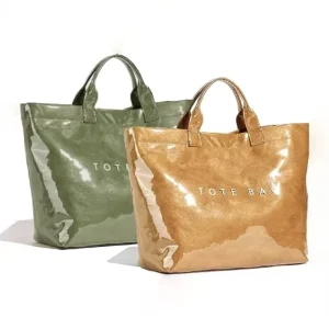 Glossy Tote Bag Women’s Letters Print Large Kraft Paper Carry All Bag Top Handle Clear Hobo Handbag for Shopping and Travel