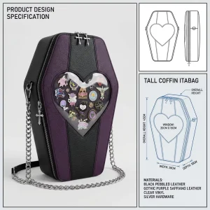 Gothic Coffin Shape Ita Bolsa Bag Black Purple Heart Window Pin Display Shoulder Crossbody Bag for Anime Fan Cosplay