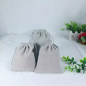 Grey Velvet Rectangular Drawstring Pouch with Printable logo for Jewelry and Earphone Storage Custom Packaging Options