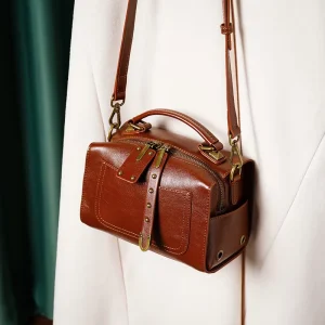 HD Small Boston Bag Women Genuine Leather Top Layer Cowhide Vintage Crossbody Shoulder Bag