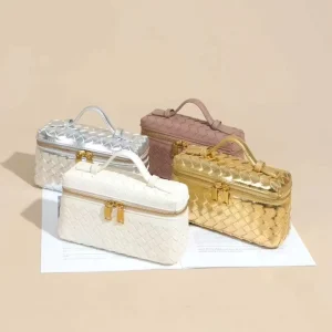 Hand Woven PU Leather Vanity Bag with Dual Zipper Detachable Strap Crossbody Handbag