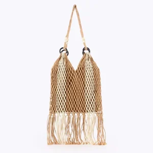 Handcrafted Fringed Net-shaped Beach Bag with Single Shoulder Strap