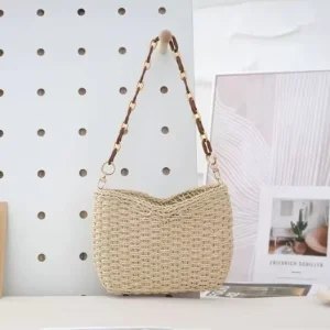 Handmade Bohemian Fashion Straw Woven Bag Women Single Strap Chain Lock Beach Summer Brand Bag Luxury