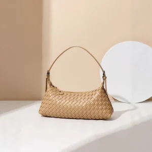 Handwoven Women’s Crossbody Shoulder Bag Crescent Design Zipper Closure Two Straps Light-Luxury Polyester