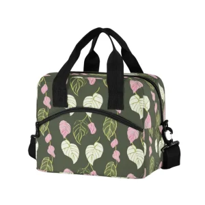Hawaiian Fashion Custom Green Hau Leaves Print Lightweight Polyester Cooler Bag Thermal Insulated Waterproof Lunch Bag