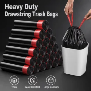 Heavy Duty Black Drawstring Trash Bags Large Thick Plastic Garbage Bags Kitchen Household Bin Liners on Roll