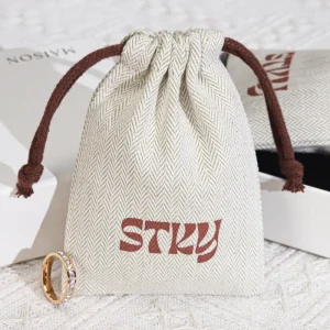 High End Herringbone Drawstring Perfume Lipstick Storage Bag Custom Logo Printed Cotton Twill Necklace Earring Jewelry Pouch