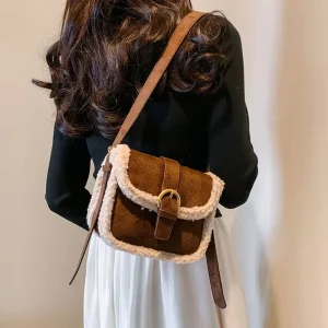 High End Textured Retro Plush PU Waterproof Women’s Autumn Winter Crossbody Single Shoulder Small Square Fashion Bag