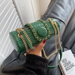 High-End Women’s Crocodile Pattern Chain Shoulder Crossbody Bag Niche Design Cylindrical Bag Polyester