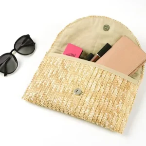 High Quality Fashionable Spring Summer Beach Straw Clutch Bag Women Handmade Wheat Straw Braided Handbag Button Closure Colorful