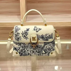 High Quality Luxury Handbag Small Square Design PU Material Waterproof Burlap Grain Embroidery Shoulder Bag