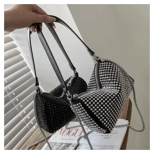 High-end Fashionable Full Rhinestone PU Zipper Spring Single Strap Shoulder Crossbody Bag Stylish Casual Versatile Polyester
