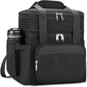 Holuxer Insulated Double Deck Lunch Bag Zipper Leakproof Soft Expandable Oxford Cloth Classic Modern Style 15L Black Heat