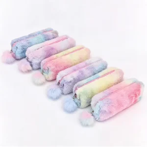 Ikeyword Rainbow Pencil Case Fluffy Pen Bag Personalized Cute Fabric Pencil Case for School Students’ Furry Stationery Organizer