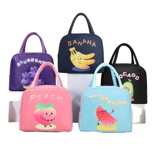 Insulated Oxford Aluminum Lining Zipper Portable Fruit Pattern Cartoon Bento Ladies Cute Lunch Bag for Kids