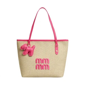 JINZE Women Striped Canvas Embossed Large Capacity Shoulder Handbag With Cute Puppy Pendant Daily Shopping Underarm Bag