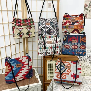 Jacquard Craft Fabric Geometric Pattern Ladies Small Sling Shoulder Bag with Two Straps Portable Handbag for Women