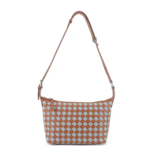 Japan Style Lady Woven Lunchbox Underarm Bag Genuine Leather Canvas Plaid Zipper Closure Single Shoulder Crossbody