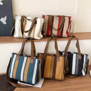 Japanese Sweet Striped Canvas Waterproof Tote Bag Women New Fashion Large Capacity Crossbody Handbag Single Strap Zipper Closure