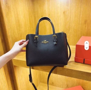 KH Classic Black Work Bag with Gold Buckle Textured Handbag with Middle Zipper Divider