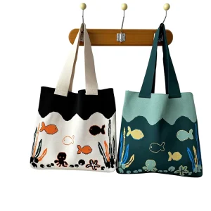 Knitted Shoulder Bag Cute Handbag Women Korean Style Casual Versatile Large Capacity Summer Foldable Soft Student Ocean Cartoon