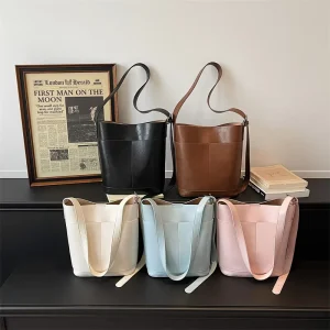 Korean Bucket Bag for Women Soft Leather Hobo Shoulder Bag Vintage Crossbody Tote Bag Daily Handbag for Work Travel & Shopping