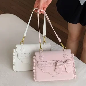 Korean Style Bow Handbag for Women Fresh and Sweet One-shoulder Crossbody Bag Fashionable Pleated Lady Bag