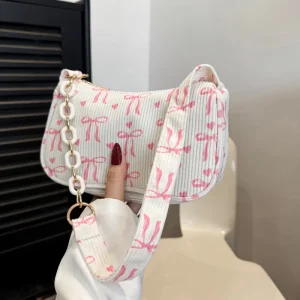 Korean-Style Bow-Knot Heart Corduroy Crossbody Shoulder Bag Womens Chain Zipper Underarm Bag