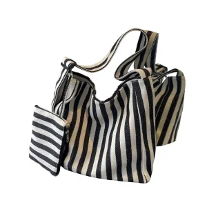 Korean Style Casual Striped Canvas Artistic Fashion Commuter Shoulder Travel Shopping Crossbody Tote Bag Polyester Magnetic