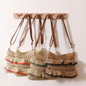Lace Trim Straw Crossbody Bag Ruffle Edge Colorful Woven Tote Beach Vacation Summer Handmade Purse