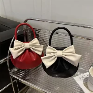 Ladies’ Fashionable Mini Handbag with Butterfly Knot Solid Color Simple Casual Style Sweet Women’s Bag