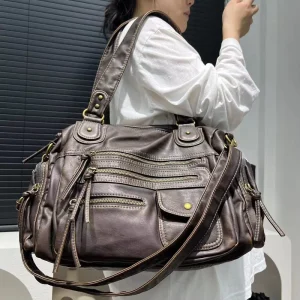 Ladies’ Fashionable Y2K Washed Used Motorcycle Bag, Large Capacity Retro Single Shoulder Crossbody Handbag