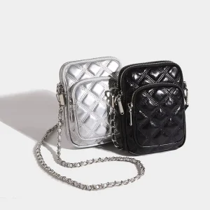 Ladies’ Korean Style Single Shoulder Crossbody Bag with Diamond Pattern Chain Zipper Opening and Closing