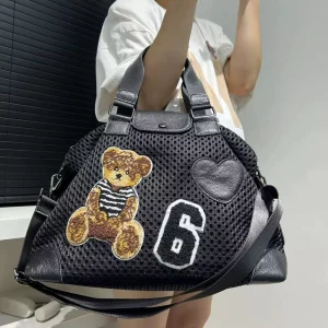 Ladies’ Mesh Handbag with Cute Teddy Bear Patchwork Casual and Versatile Travel Lightweight Single Shoulder Crossbody Bag