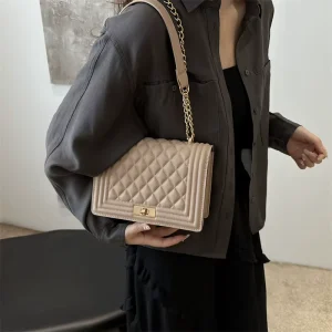 Lady Crossbody Shoulder Bag Retro Underarm Texture Solid Color Chains Two Straps Waterproof