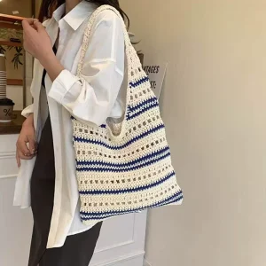 Large Capacity Beach Handbag Comfortable Striped Woven Shoulder Bag Crochet Tote Bag Breathable Fashion Shopper Bag for Daily